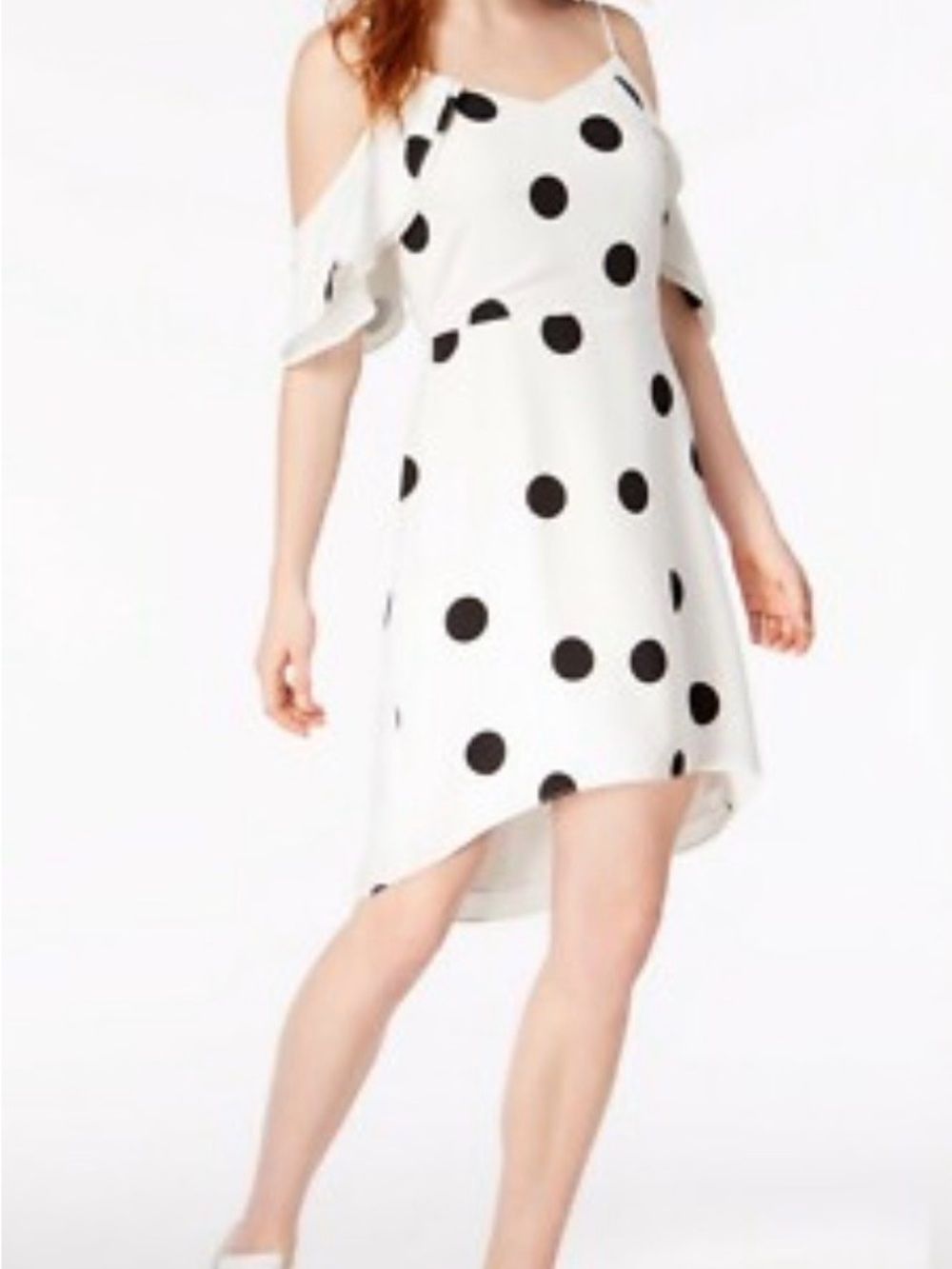Bar III White & Black Polka Dot Cold-Shoulder High-Low Dress